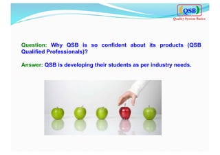 Question: Why QSB is so confident about its products (QSB
Qualified Professionals)?
Answer: QSB is developing their students as per industry needs.
QSB
Quality System Basics
 