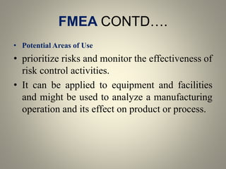 FMEA CONTD….
• Potential Areas of Use
• prioritize risks and monitor the effectiveness of
risk control activities.
• It can be applied to equipment and facilities
and might be used to analyze a manufacturing
operation and its effect on product or process.
 
