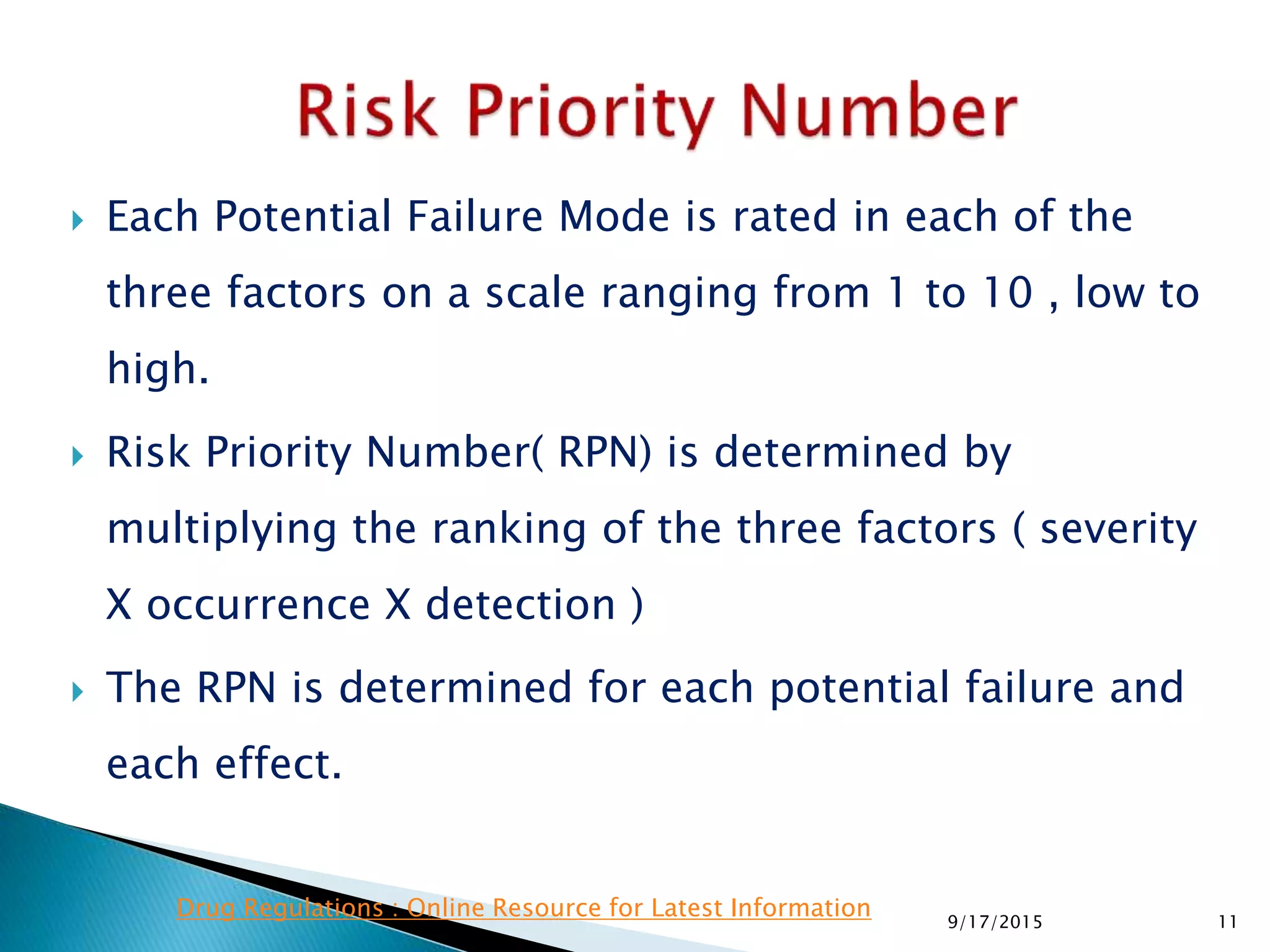  Each Potential Failure Mode is rated in each of the
three factors on a scale ranging from 1 to 10 , low to
high.
 Risk Priority Number( RPN) is determined by
multiplying the ranking of the three factors ( severity
X occurrence X detection )
 The RPN is determined for each potential failure and
each effect.
119/17/2015
Drug Regulations : Online Resource for Latest Information
 