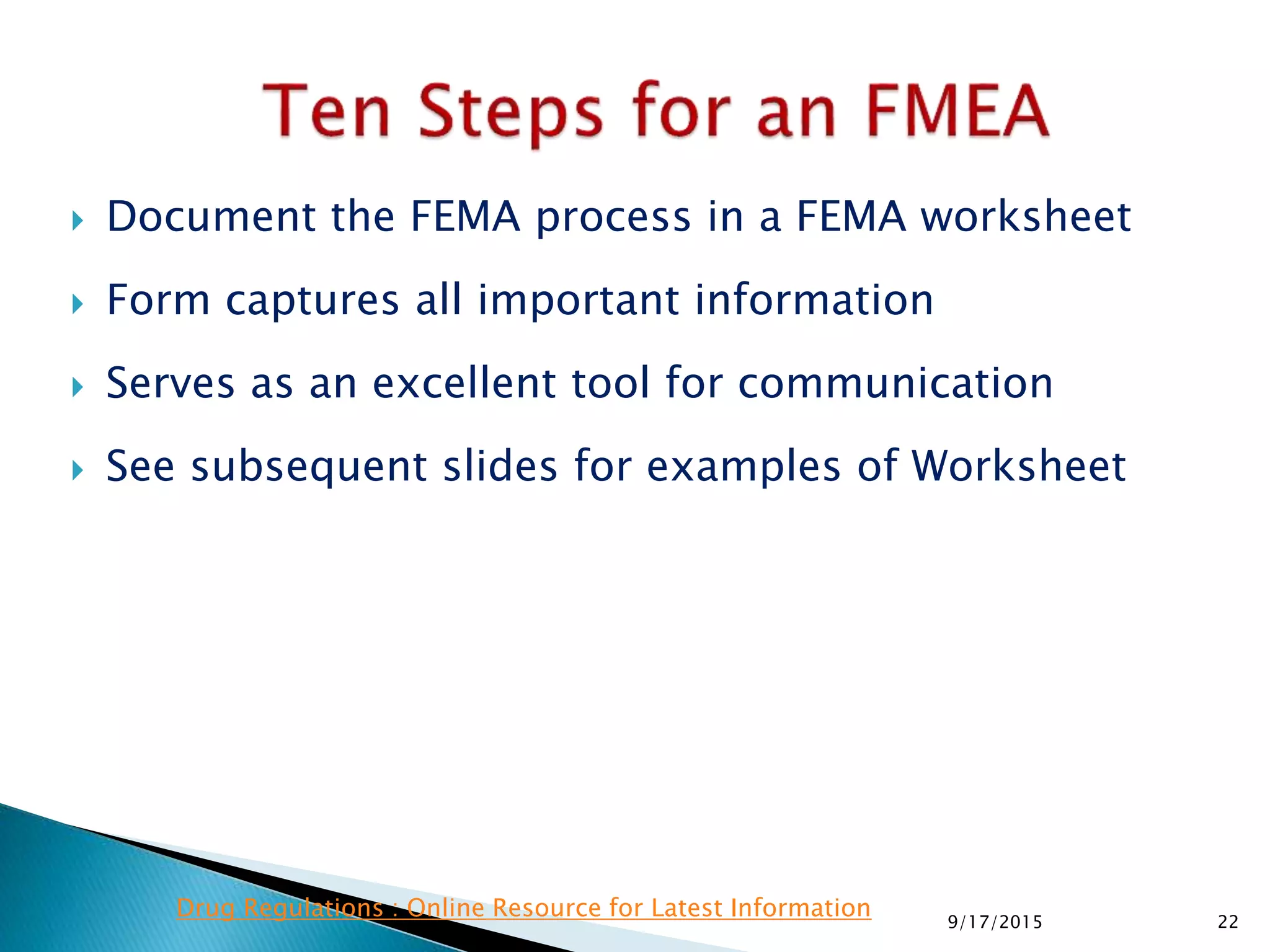  Document the FEMA process in a FEMA worksheet
 Form captures all important information
 Serves as an excellent tool for communication
 See subsequent slides for examples of Worksheet
229/17/2015
Drug Regulations : Online Resource for Latest Information
 