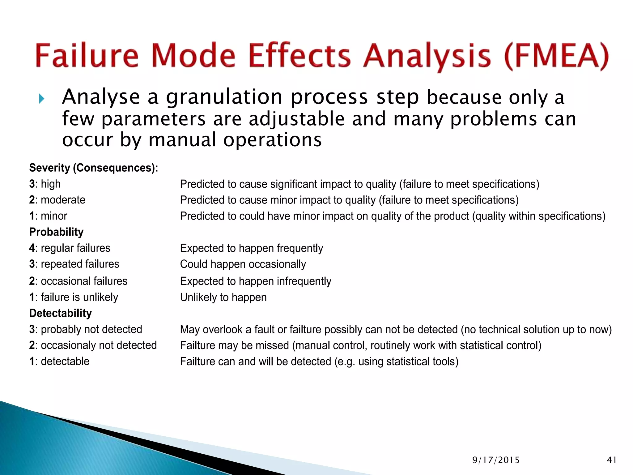  Analyse a granulation process step because only a
few parameters are adjustable and many problems can
occur by manual operations
Severity (Consequences):
3: high Predicted to cause significant impact to quality (failure to meet specifications)
2: moderate Predicted to cause minor impact to quality (failure to meet specifications)
1: minor Predicted to could have minor impact on quality of the product (quality within specifications)
Probability
4: regular failures Expected to happen frequently
3: repeated failures Could happen occasionally
2: occasional failures Expected to happen infrequently
1: failure is unlikely Unlikely to happen
Detectability
3: probably not detected May overlook a fault or failture possibly can not be detected (no technical solution up to now)
2: occasionaly not detected Failture may be missed (manual control, routinely work with statistical control)
1: detectable Failture can and will be detected (e.g. using statistical tools)
419/17/2015
 
