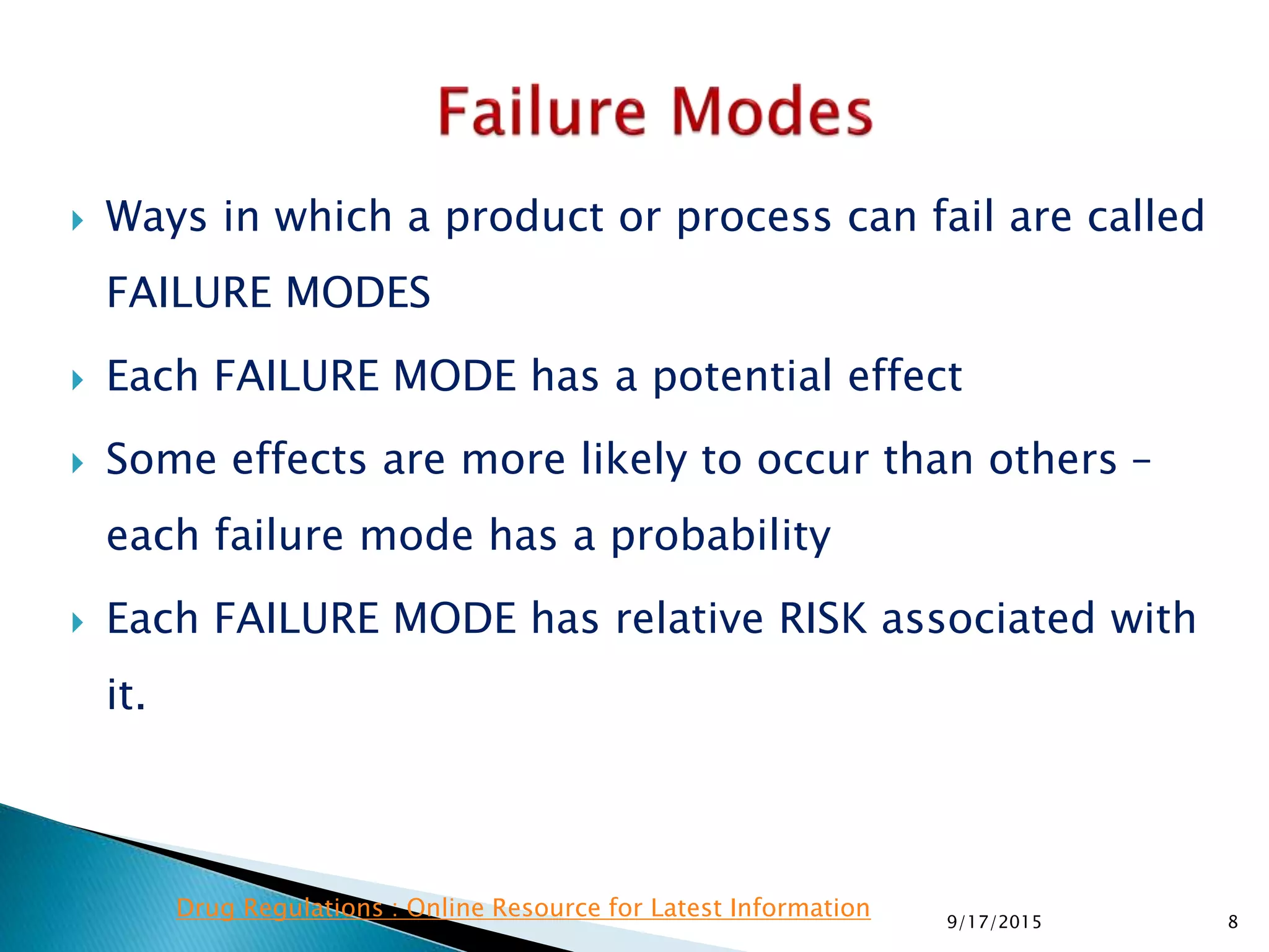  Ways in which a product or process can fail are called
FAILURE MODES
 Each FAILURE MODE has a potential effect
 Some effects are more likely to occur than others –
each failure mode has a probability
 Each FAILURE MODE has relative RISK associated with
it.
89/17/2015
Drug Regulations : Online Resource for Latest Information
 