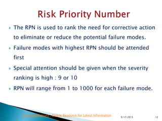  The RPN is used to rank the need for corrective action
to eliminate or reduce the potential failure modes.
 Failure modes with highest RPN should be attended
first
 Special attention should be given when the severity
ranking is high : 9 or 10
 RPN will range from 1 to 1000 for each failure mode.
129/17/2015
Drug Regulations : Online Resource for Latest Information
 