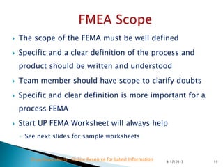  The scope of the FEMA must be well defined
 Specific and a clear definition of the process and
product should be written and understood
 Team member should have scope to clarify doubts
 Specific and clear definition is more important for a
process FEMA
 Start UP FEMA Worksheet will always help
◦ See next slides for sample worksheets
199/17/2015
Drug Regulations : Online Resource for Latest Information
 