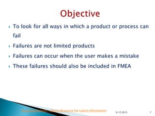  To look for all ways in which a product or process can
fail
 Failures are not limited products
 Failures can occur when the user makes a mistake
 These failures should also be included in FMEA
79/17/2015
Drug Regulations : Online Resource for Latest Information
 