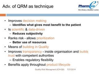 Adv. of QRM as technique
• Improves decision making
– Identifies what gives most benefit to the patient
• Is scientific & data-driven
– Reduces subjectivity
• Ranks risk - allows prioritization
– Better use of resources
• Means of building in Quality
• Improves transparency - inside organisation and builds
trust with competent authorities
– Enables regulatory flexibility
• Benefits apply throughout product lifecycle
7/21/2014Quality Risk Managment (ICH-Q9)
 
