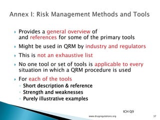    Provides a general overview of
    and references for some of the primary tools
   Might be used in QRM by industry and regulators
   This is not an exhaustive list
   No one tool or set of tools is applicable to every
    situation in which a QRM procedure is used
   For each of the tools
    ◦ Short description & reference
    ◦ Strength and weaknesses
    ◦ Purely illustrative examples

                                                           ICH Q9
                                 www.drugregulations.org            37
 