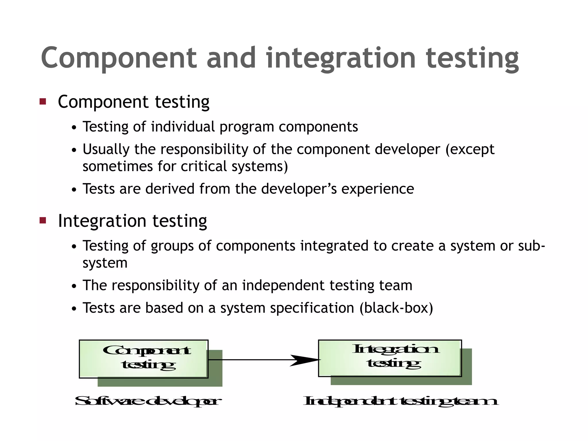 Component and integration testing Component testing  Testing of individual program components Usually the responsibility of the component developer (except sometimes for critical systems) Tests are derived from the developer’s experience Integration testing Testing of groups of components integrated to create a system or sub-system The responsibility of an independent testing team Tests are based on a system specification (black-box) 