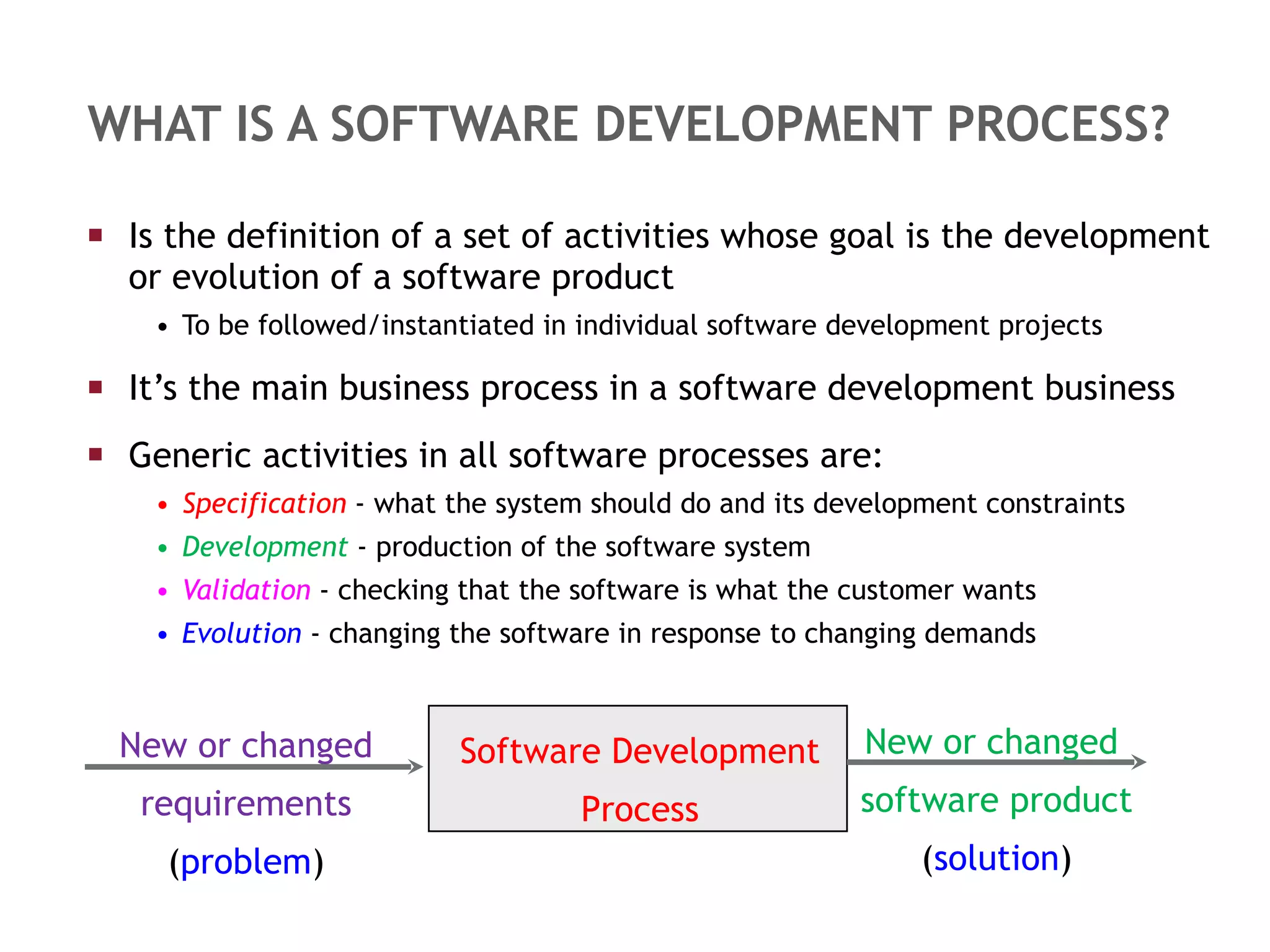 WHAT IS A SOFTWARE DEVELOPMENT PROCESS? Is the definition of a set of activities whose goal is the development or evolution of a software product  To be followed/instantiated in individual software development projects It’s the main business process in a software development business Generic activities in all software processes are: Specification  - what the system should do and its development constraints Development  - production of the software system Validation  - checking that the software is what the customer wants Evolution   - changing the software in response to changing demands New or changed requirements ( problem ) New or changed  software product ( solution ) Software Development Process 