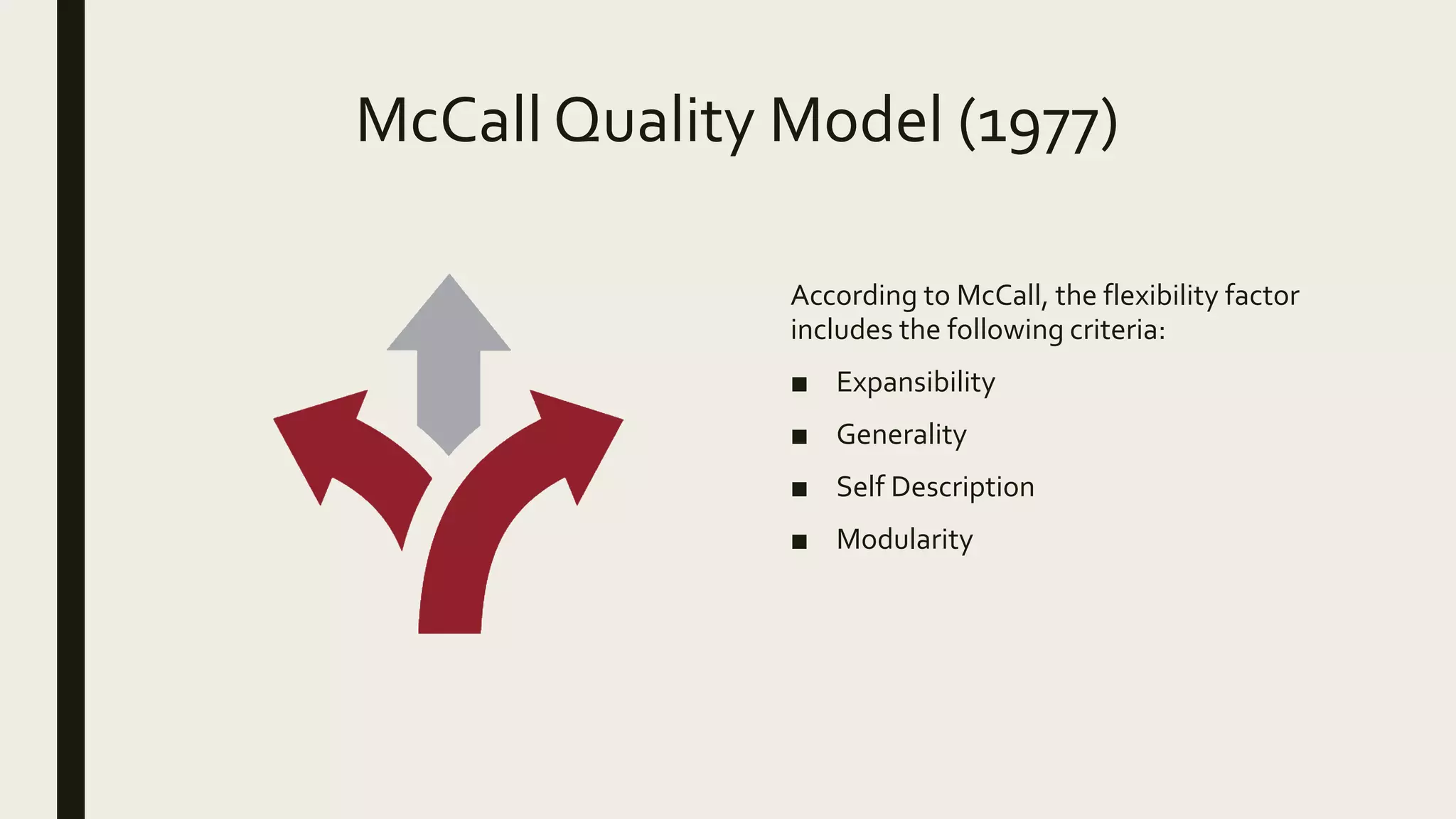 McCall Quality Model (1977)
According to McCall, the flexibility factor
includes the following criteria:
■ Expansibility
■ Generality
■ Self Description
■ Modularity
 