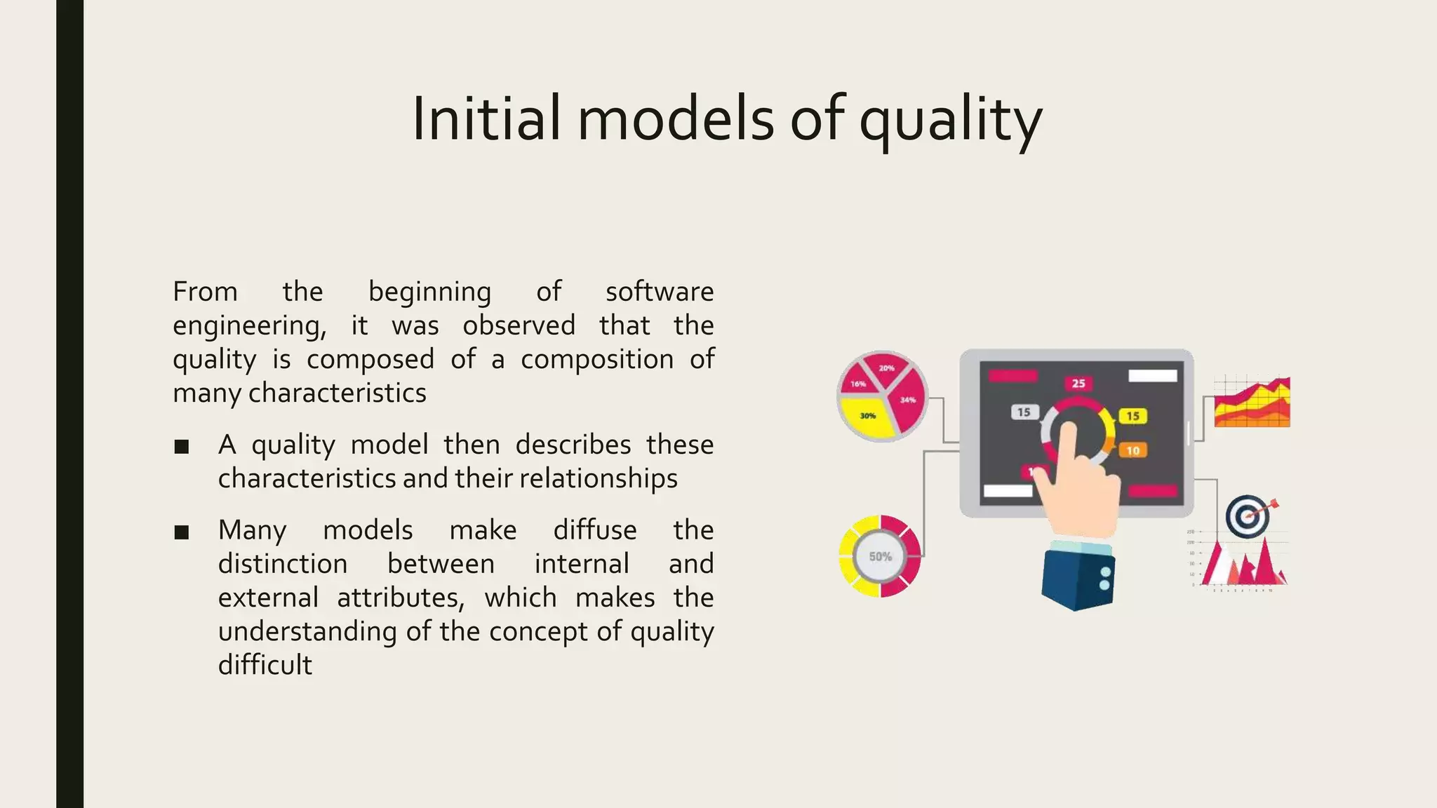 Initial models of quality
From the beginning of software
engineering, it was observed that the
quality is composed of a composition of
many characteristics
■ A quality model then describes these
characteristics and their relationships
■ Many models make diffuse the
distinction between internal and
external attributes, which makes the
understanding of the concept of quality
difficult
 