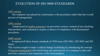 EVOLUTION OF ISO 9000 STANDARDS
1987 version
The emphasis was placed on conformance with procedures rather than the overall
process of management.
1994 version
Emphasized on quality assurance via preventive actions, instead of just checking
final product, and continued to require evidence of compliance with documented
procedures.
2000 version
It replaced all three former standards of 1994 issue (ISO 9001, ISO 9002 and ISO
9003).
This version sought to make a radical change in thinking by introducing the concept
of process management (the monitoring and optimisation of a company's tasks and
activities, instead of just inspection of the final product).
 