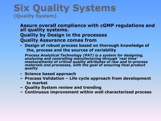  Assure overall compliance with cGMP regulations and
all quality systems.
 Quality by Design in the processes
 Quality Assurance comes from
- Design of robust process based on thorough knowledge of
the, process and the sources of variability
Process Analytical Technology (PAT) is a system for designing,
analyzing and controlling manufacturing through ‘real time’
measurements of critical quality attributes of raw and in-process
materials and processes, with the goal of ensuring final product
quality
- Science based approach
– Process Validation – Life cycle approach from development
to market
– Quality System review and trending
– Continuous improvement within well characterized process
 