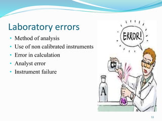 Laboratory errors
• Method of analysis
• Use of non calibrated instruments
• Error in calculation
• Analyst error
• Instrument failure
11
 