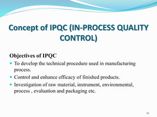 Concept of IPQC (IN-PROCESS QUALITY
CONTROL)
Objectives of IPQC
 To develop the technical procedure used in manufacturing
process.
 Control and enhance efficacy of finished products.
 Investigation of raw material, instrument, environmental,
process , evaluation and packaging etc.
55
 