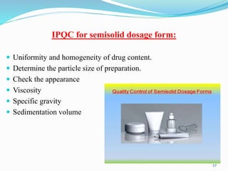 IPQC for semisolid dosage form:
 Uniformity and homogeneity of drug content.
 Determine the particle size of preparation.
 Check the appearance
 Viscosity
 Specific gravity
 Sedimentation volume
57
 