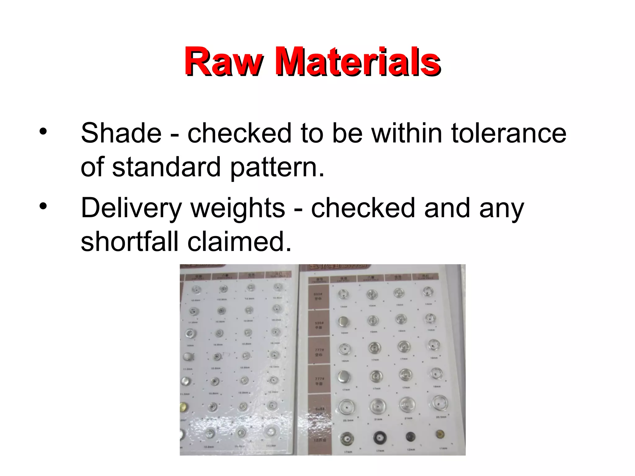 Raw Materials
•
•

Shade - checked to be within tolerance
of standard pattern.
Delivery weights - checked and any
shortfall claimed.

 