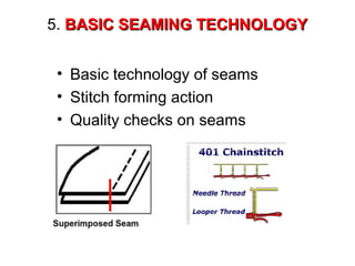 5. BASIC SEAMING TECHNOLOGY
• Basic technology of seams
• Stitch forming action
• Quality checks on seams

 