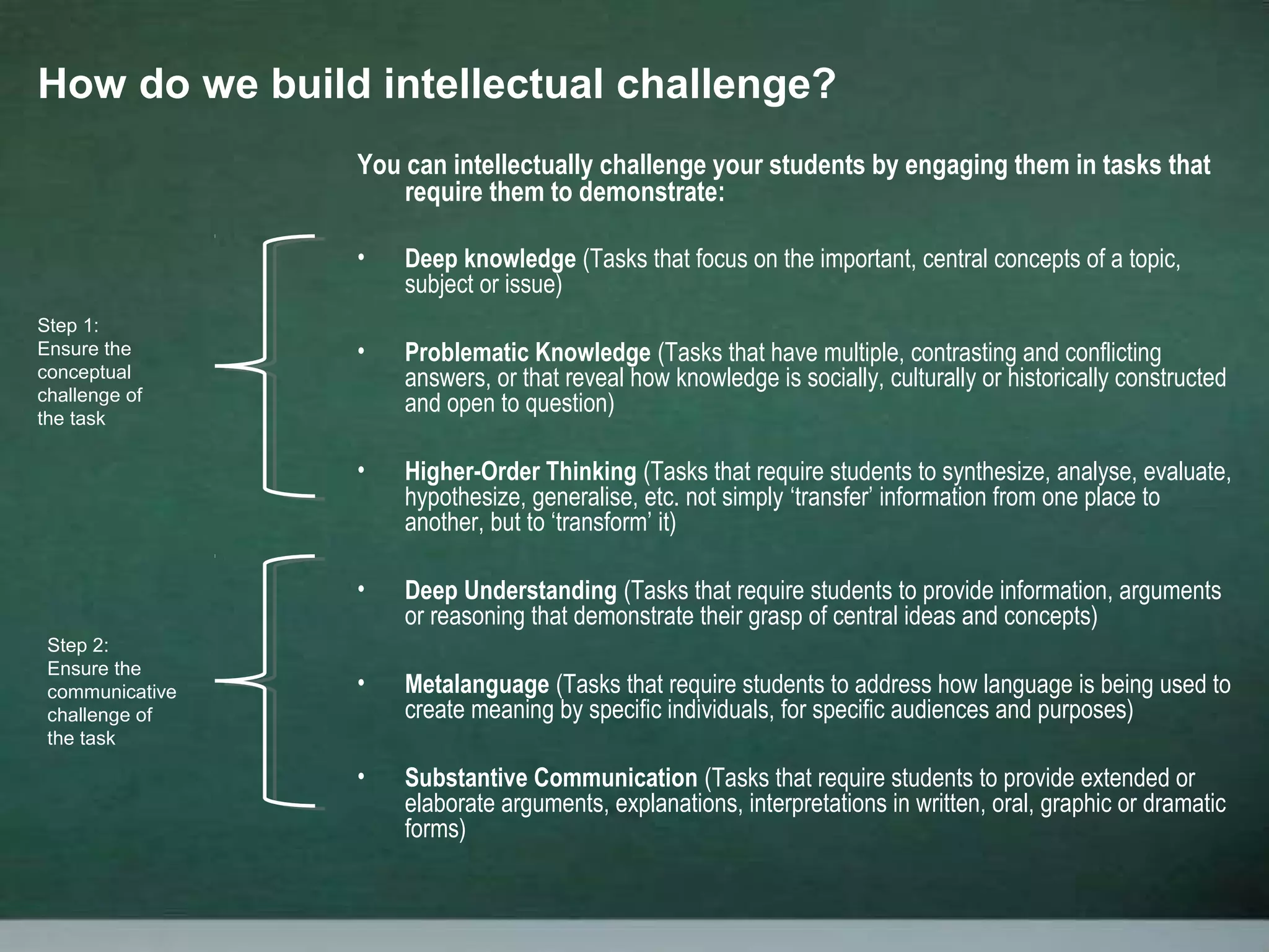 How do we build intellectual challenge?
You can intellectually challenge your students by engaging them in tasks that
require them to demonstrate:
• Deep knowledge (Tasks that focus on the important, central concepts of a topic,
subject or issue)
• Problematic Knowledge (Tasks that have multiple, contrasting and conflicting
answers, or that reveal how knowledge is socially, culturally or historically constructed
and open to question)
• Higher-Order Thinking (Tasks that require students to synthesize, analyse, evaluate,
hypothesize, generalise, etc. not simply ‘transfer’ information from one place to
another, but to ‘transform’ it)
• Deep Understanding (Tasks that require students to provide information, arguments
or reasoning that demonstrate their grasp of central ideas and concepts)
• Metalanguage (Tasks that require students to address how language is being used to
create meaning by specific individuals, for specific audiences and purposes)
• Substantive Communication (Tasks that require students to provide extended or
elaborate arguments, explanations, interpretations in written, oral, graphic or dramatic
forms)
Step 1:
Ensure the
conceptual
challenge of
the task
Step 2:
Ensure the
communicative
challenge of
the task
 
