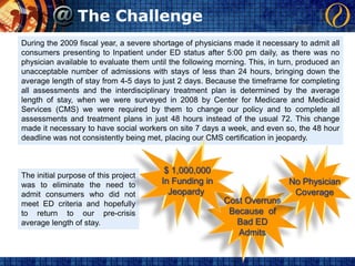 The ChallengeDuring the 2009 fiscal year, a severe shortage of physicians made it necessary to admit all consumers presenting to Inpatient under ED status after 5:00 pm daily, as there was no physician available to evaluate them until the following morning. This, in turn, produced an unacceptable number of admissions with stays of less than 24 hours, bringing down the average length of stay from 4-5 days to just 2 days. Because the timeframe for completing all assessments and the interdisciplinary treatment plan is determined by the average length of stay, when we were surveyed in 2008 by Center for Medicare and Medicaid Services (CMS) we were required by them to change our policy and to complete all assessments and treatment plans in just 48 hours instead of the usual 72. This change made it necessary to have social workers on site 7 days a week, and even so, the 48 hour deadline was not consistently being met, placing our CMS certification in jeopardy.$ 1,000,000In Funding inJeopardy No PhysicianCoverageThe initial purpose of this project was to eliminate the need to admit consumers who did not meet ED criteria and hopefully to return to our pre-crisis average length of stay.Cost OverrunsBecause  ofBad EDAdmits