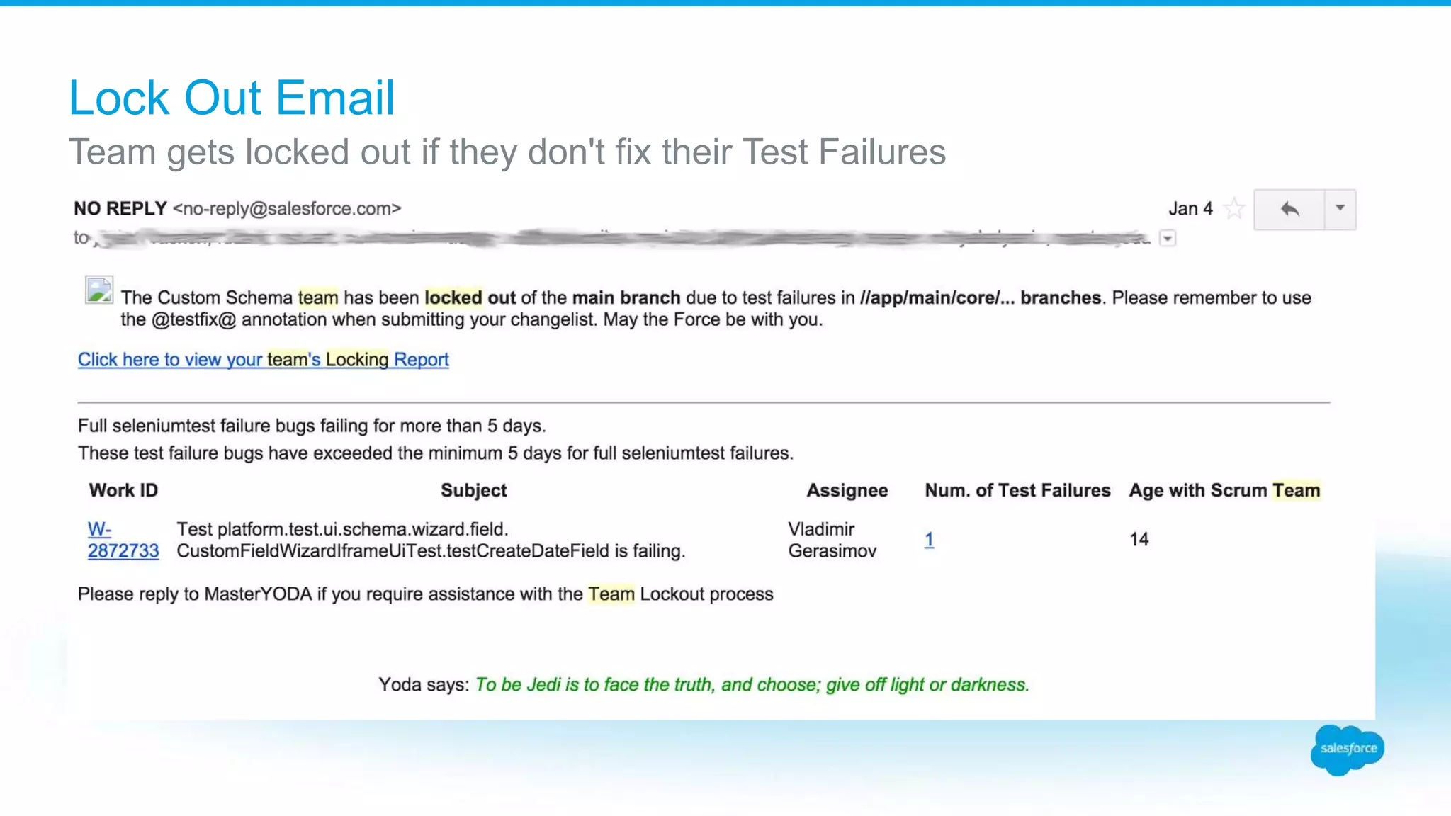 Lock Out Email
Team gets locked out if they don't fix their Test Failures
 
