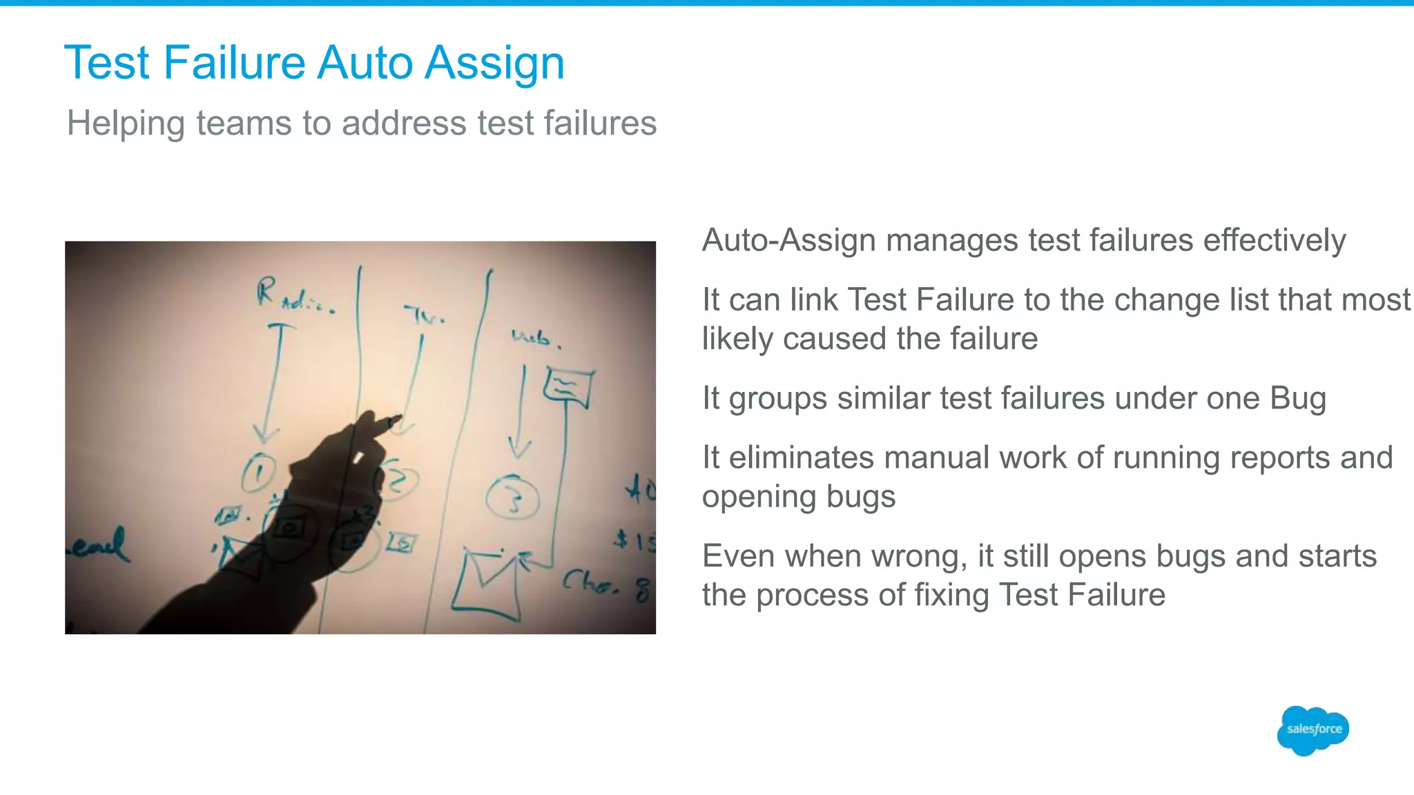 Test Failure Auto Assign
Auto-Assign manages test failures effectively
It can link Test Failure to the change list that most
likely caused the failure
It groups similar test failures under one Bug
It eliminates manual work of running reports and
opening bugs
Even when wrong, it still opens bugs and starts
the process of fixing Test Failure
Helping teams to address test failures
 