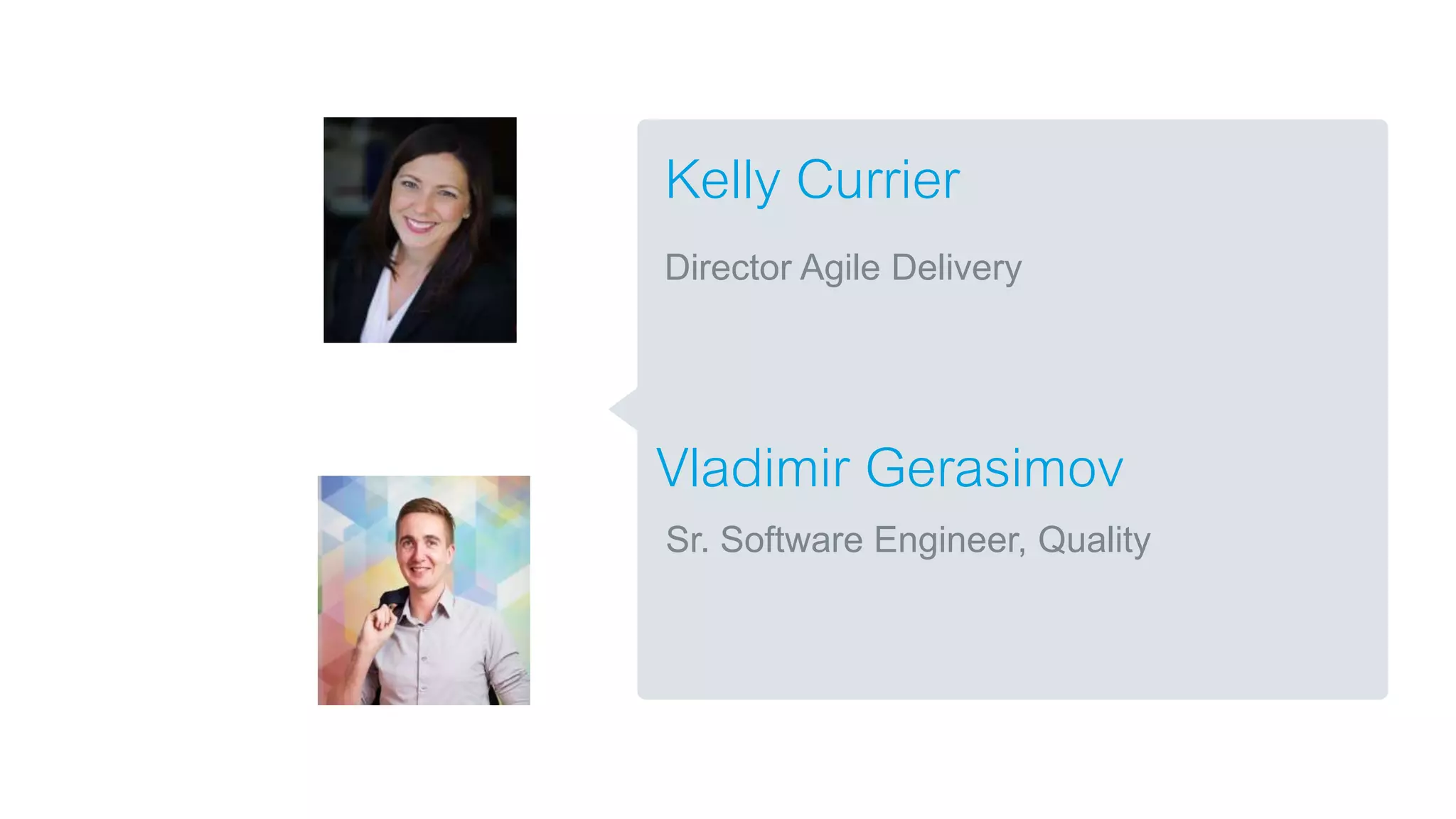 Vladimir Gerasimov
Sr. Software Engineer, Quality
Kelly Currier
Director Agile Delivery
 
