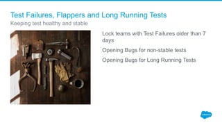 Test Failures, Flappers and Long Running Tests
Lock teams with Test Failures older than 7
days
Opening Bugs for non-stable tests
Opening Bugs for Long Running Tests
Keeping test healthy and stable
 