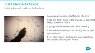 Test Failure Auto Assign
Auto-Assign manages test failures effectively
It can link Test Failure to the change list that most
likely caused the failure
It groups similar test failures under one Bug
It eliminates manual work of running reports and
opening bugs
Even when wrong, it still opens bugs and starts
the process of fixing Test Failure
Helping teams to address test failures
 