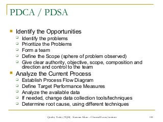100
PDCA / PDSA
 Identify the Opportunities
 Identify the problems
 Prioritize the Problems
 Form a team
 Define the ...