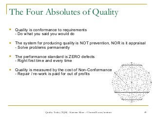 49
The Four Absolutes of Quality
 Quality is conformance to requirements
- Do what you said you would do
 The system for...