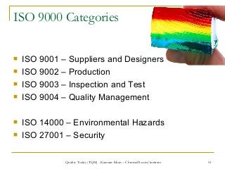 51
ISO 9000 Categories
 ISO 9001 – Suppliers and Designers
 ISO 9002 – Production
 ISO 9003 – Inspection and Test
 ISO...