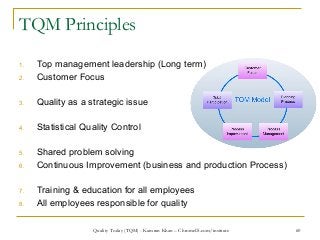 60
TQM Principles
1. Top management leadership (Long term)
2. Customer Focus
3. Quality as a strategic issue
4. Statistica...