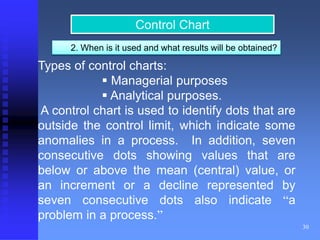 30 
Control Chart 
2. When is it used and what results will be obtained? 
Types of control charts: 
 Managerial purposes 
 Analytical purposes. 
A control chart is used to identify dots that are 
outside the control limit, which indicate some 
anomalies in a process. In addition, seven 
consecutive dots showing values that are 
below or above the mean (central) value, or 
an increment or a decline represented by 
seven consecutive dots also indicate “a 
problem in a process.” 
 