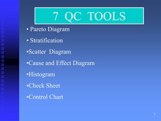 7 
7 QC TOOLS 
• Pareto Diagram 
• Stratification 
•Scatter Diagram 
•Cause and Effect Diagram 
•Histogram 
•Check Sheet 
•Control Chart 
 