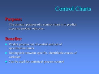 Control Charts
Purpose:
The primary purpose of a control chart is to predict
expected product outcome.
Benefits:
 Predict process out of control and out of
specification limits
 Distinguish between specific, identifiable causes of
variation
 Can be used for statistical process control
 