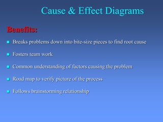 Cause & Effect Diagrams
Benefits:
 Breaks problems down into bite-size pieces to find root cause
 Fosters team work
 Common understanding of factors causing the problem
 Road map to verify picture of the process
 Follows brainstorming relationship
 