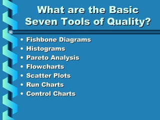 What are the BasicWhat are the Basic
Seven Tools of Quality?Seven Tools of Quality?
• Fishbone DiagramsFishbone Diagrams
• HistogramsHistograms
• Pareto AnalysisPareto Analysis
• FlowchartsFlowcharts
• Scatter PlotsScatter Plots
• Run ChartsRun Charts
• Control ChartsControl Charts
 