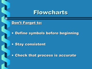 FlowchartsFlowcharts
Don’t Forget to:Don’t Forget to:
• Define symbols before beginningDefine symbols before beginning
• Stay consistentStay consistent
• Check that process is accurateCheck that process is accurate
 