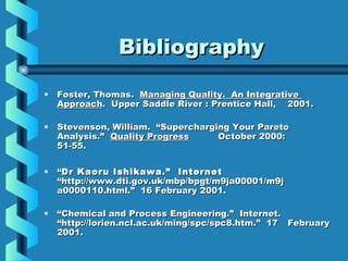 BibliographyBibliography
• Foster, Thomas.Foster, Thomas. Managing Quality. An IntegrativeManaging Quality. An Integrative
ApproachApproach. Upper Saddle River : Prentice Hall,. Upper Saddle River : Prentice Hall, 2001.2001.
• Stevenson, William. “Supercharging Your ParetoStevenson, William. “Supercharging Your Pareto
Analysis.”Analysis.” Quality ProgressQuality Progress October 2000:October 2000:
51-55.51-55.
• ““Dr Kaoru Ishikawa.” InternetDr Kaoru Ishikawa.” Internet
“http://www.dti.gov.uk/mbp/bpgt/m9ja00001/m9j“http://www.dti.gov.uk/mbp/bpgt/m9ja00001/m9j
a0000110.html.” 16 February 2001.a0000110.html.” 16 February 2001.
• ““Chemical and Process Engineering.” Internet.Chemical and Process Engineering.” Internet.
“http://lorien.ncl.ac.uk/ming/spc/spc8.htm.” 17“http://lorien.ncl.ac.uk/ming/spc/spc8.htm.” 17 FebruaryFebruary
2001.2001.
 