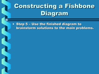 Constructing a FishboneConstructing a Fishbone
DiagramDiagram
• Step 5 – Use the finished diagram toStep 5 – Use the finished diagram to
brainstorm solutions to the main problems.brainstorm solutions to the main problems.
 