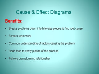 Cause & Effect Diagrams
Benefits:
• Breaks problems down into bite-size pieces to find root cause
• Fosters team work
• Common understanding of factors causing the problem
• Road map to verify picture of the process
• Follows brainstorming relationship
 