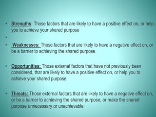 • Strengths: Those factors that are likely to have a positive effect on, or help
you to achieve your shared purpose
•
• Weaknesses: Those factors that are likely to have a negative effect on, or
be a barrier to achieving the shared purpose
• Opportunities: Those external factors that have not previously been
considered, that are likely to have a positive effect on, or help you to
achieve your shared purpose
• Threats: Those external factors that are likely to have a negative effect on,
or be a barrier to achieving the shared purpose, or make the shared
purpose unnecessary or unachievable
 
