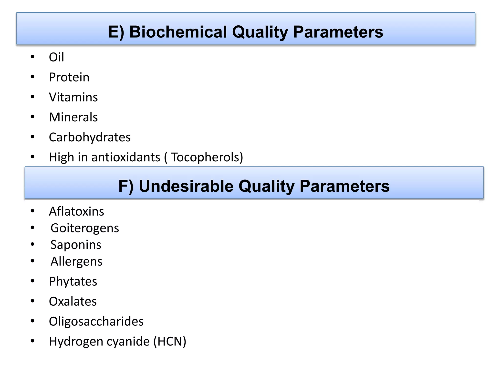 • Oil
• Protein
• Vitamins
• Minerals
• Carbohydrates
• High in antioxidants ( Tocopherols)
E) Biochemical Quality Parameters
F) Undesirable Quality Parameters
• Aflatoxins
• Goiterogens
• Saponins
• Allergens
• Phytates
• Oxalates
• Oligosaccharides
• Hydrogen cyanide (HCN)
 