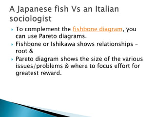    To complement the fishbone diagram, you
    can use Pareto diagrams.
   Fishbone or Ishikawa shows relationships –
    root &
   Pareto diagram shows the size of the various
    issues/problems & where to focus effort for
    greatest reward.
 