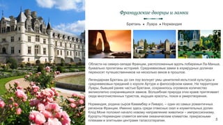 Области на северо-западе Франции, расположенные вдоль побережья Ла-Манша,
буквально пропитаны историей. Средневековые замки в изумрудных долинах
переносят путешественников на несколько веков в прошлое.
Бретань ● Луара ● Нормандия
Французские дворцы и замки
5
Легендарная Бретань до сих пор волнует умы ценителей кельтской культуры и
средневековых преданий о короле Артуре и философском камне. На территории
Луары, бывшей ранее частью Бретани, сохранилось огромное количество
великолепно сохранившихся замков. Волшебная природа этих краев притягивает
сюда многочисленных туристов, ищущих красоты, покоя и умиротворения.
Нормандия, родина сыров Камамбер и Ливаро, – один из самых романтичных
регионов Франции. Именно здесь среди отвесных скал и изумительных долин
Клод Моне положил начало новому направлению живописи – импрессионизму.
Курорты Нормандии славятся мягким океаническим климатом, прекрасными
пляжами и элитными центрами талассотерапии.
 
