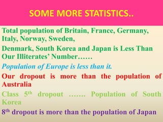 SOME MORE STATISTICS..
Total population of Britain, France, Germany,
Italy, Norway, Sweden,
Denmark, South Korea and Japan is Less Than
Our Illiterates’ Number……
Population of Europe is less than it.
Our dropout is more than the population of
Australia
Class 5th dropout ……. Population of South
Korea
8th dropout is more than the population of Japan
 