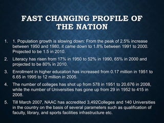 FAST CHANGING PROFILE OF
THE NATION
1. 1. Population growth is slowing down: From the peak of 2.5% increase
between 1950 and 1980, it came down to 1.8% between 1991 to 2000.
Projected to be 1.5 in 2010.
2. Literacy has risen from 17% in 1950 to 52% in 1990, 65% in 2000 and
projected to be 80% in 2010.
3. Enrollment in higher education has increased from 0.17 million in 1951 to
6.65 in 1995 to 12 million in 2005.
4. The number of colleges has shot up from 578 in 1951 to 20,676 in 2008,
while the number of Universities has gone up from 29 in 1952 to 415 in
2008.
5. Till March 2007, NAAC has accredited 3,492Colleges and 140 Universities
in the country on the basis of several parameters such as qualification of
faculty, library, and sports facilities infrastructure etc.
 