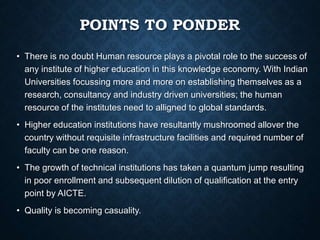 POINTS TO PONDER
• There is no doubt Human resource plays a pivotal role to the success of
any institute of higher education in this knowledge economy. With Indian
Universities focussing more and more on establishing themselves as a
research, consultancy and industry driven universities; the human
resource of the institutes need to alligned to global standards.
• Higher education institutions have resultantly mushroomed allover the
country without requisite infrastructure facilities and required number of
faculty can be one reason.
• The growth of technical institutions has taken a quantum jump resulting
in poor enrollment and subsequent dilution of qualification at the entry
point by AICTE.
• Quality is becoming casuality.
 