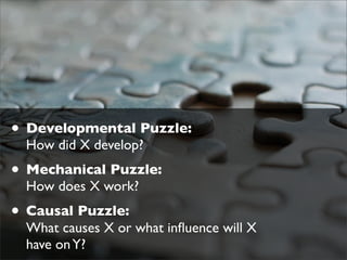 • Developmental Puzzle:
  How did X develop?
• Mechanical Puzzle:
  How does X work?
• Causal Puzzle:
  What causes X or what inﬂuence will X
  have on Y?
 